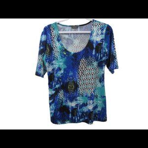 Clientele Womens Small Top 34 Sleeve Artistic Blue Design Scoop Neck READ More​